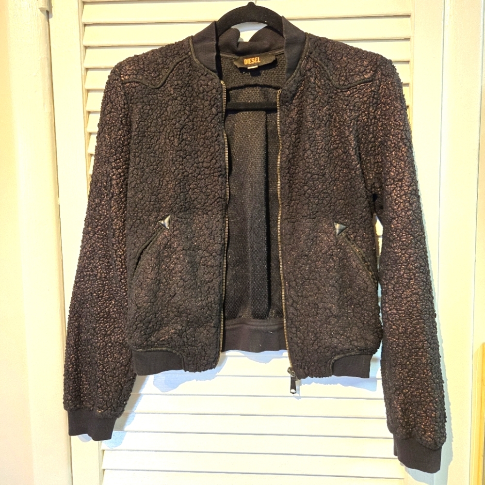 Diesel Women's Textured Fleece Black Bomber Jacket